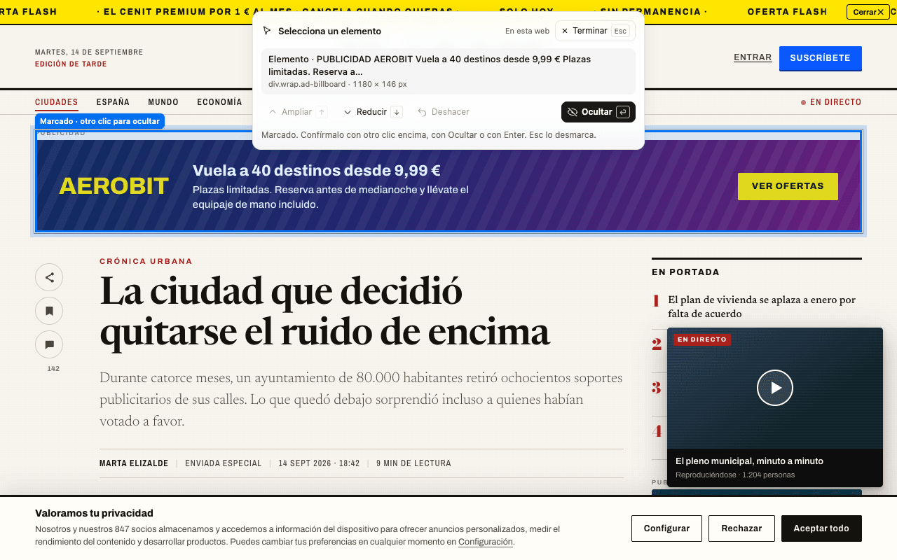 Click and get out enmarca en azul un anuncio de una web de noticias de prueba y muestra su barra con los datos del bloque antes de ocultarlo.